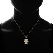 Yellow Gold Flashed Sterling Silver Two-Tone Diamond-Cut Filigree Oval Swirl Flower Pendant Necklace