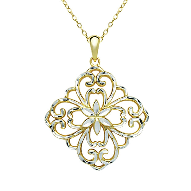 Yellow Gold Flashed Sterling Silver Two-Tone Diamond-Cut Filigree Flower Diamond-Shape Pendant Necklace