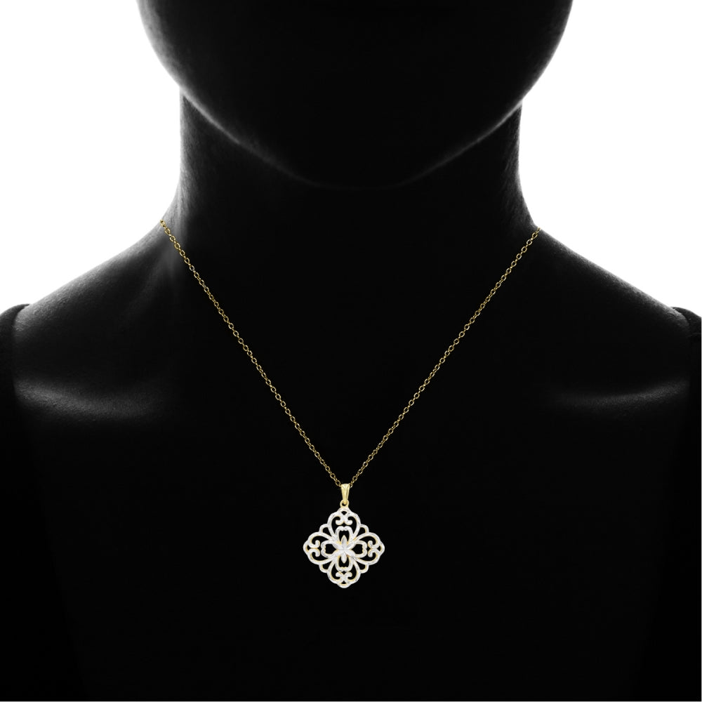 Yellow Gold Flashed Sterling Silver Two-Tone Diamond-Cut Filigree Flower Diamond-Shape Pendant Necklace-2
