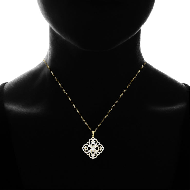 Yellow Gold Flashed Sterling Silver Two-Tone Diamond-Cut Filigree Flower Diamond-Shape Pendant Necklace