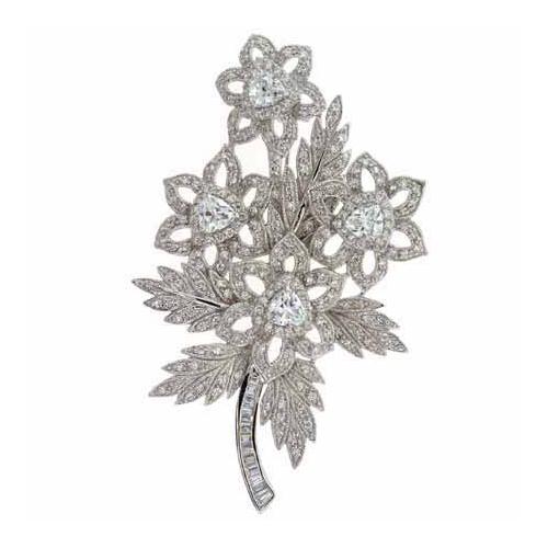 Sterling Silver Created Diamond cz Extravagant Flower Bouquet Pin