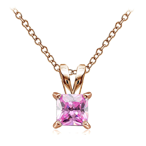 Rose Gold Tone over Sterling Silver 1.25ct Light Pink Cubic Zirconia 6mm Square Solitaire Necklace