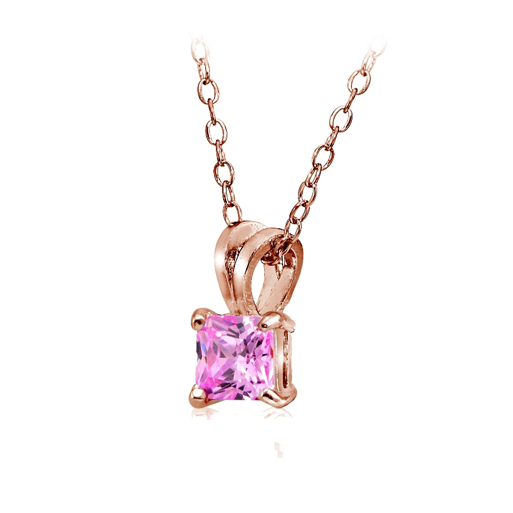 Rose Gold Tone over Sterling Silver 1.25ct Light Pink Cubic Zirconia 6mm Square Solitaire Necklace-2