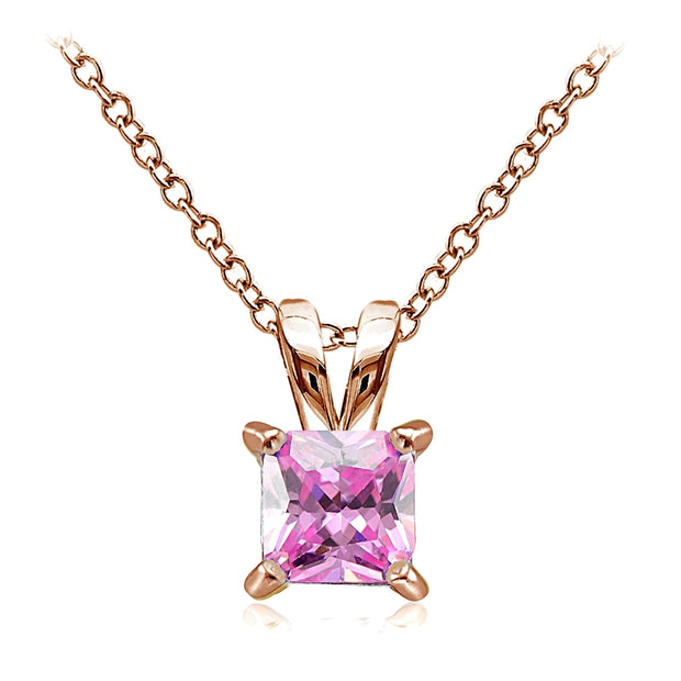 Rose Gold Tone over Sterling Silver 2ct Light Pink Cubic Zirconia 7mm Square Solitaire Necklace
