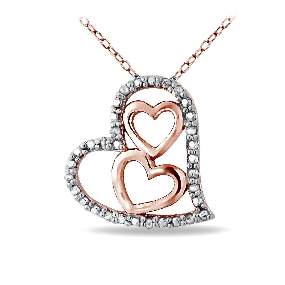 Rose Gold Tone over Sterling Silver 1/10 ct Diamond Triple Heart Necklace