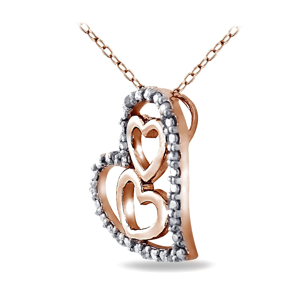 Rose Gold Tone over Sterling Silver 1/10 ct Diamond Triple Heart Necklace-2