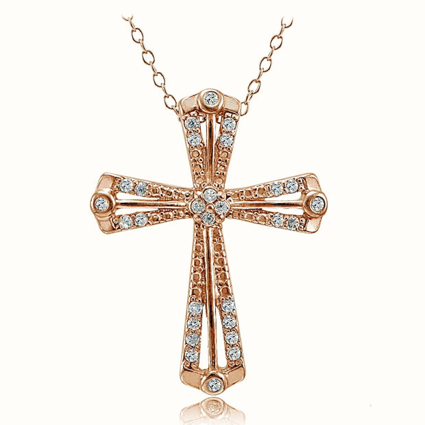 Rose Gold Tone over Sterling Silver Cubic Zirconia Cross Ribbon Necklace