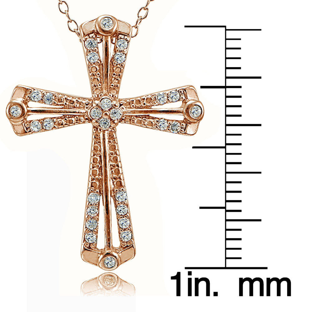 Rose Gold Tone over Sterling Silver Cubic Zirconia Cross Ribbon Necklace-3