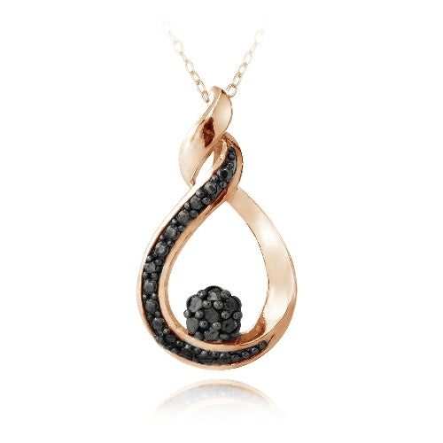18K Rose Gold over Silver 1/10ct Black Diamond Twisted Teardrop & Flower Necklace