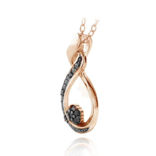 18K Rose Gold over Silver 1/10ct Black Diamond Twisted Teardrop & Flower Necklace