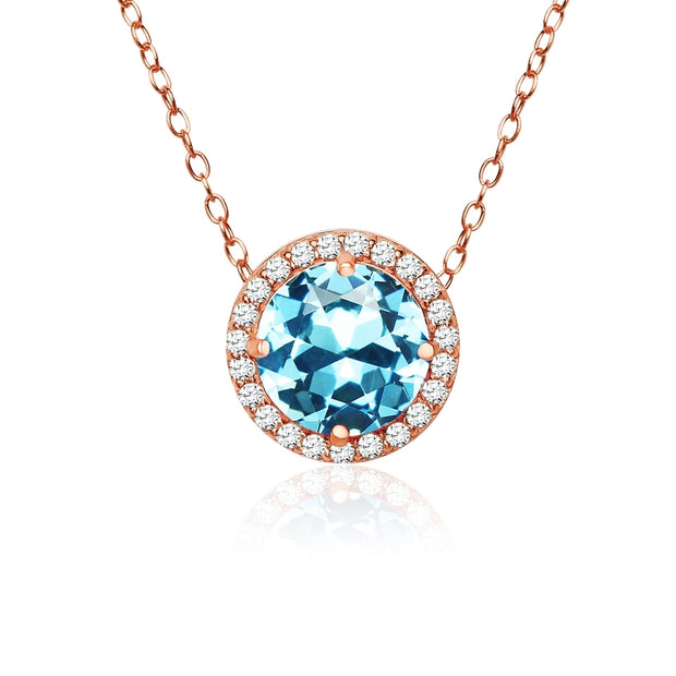 Rose Gold Flashed Sterling Silver Created Aquamarine and Cubic Zirconia Round Halo Necklace