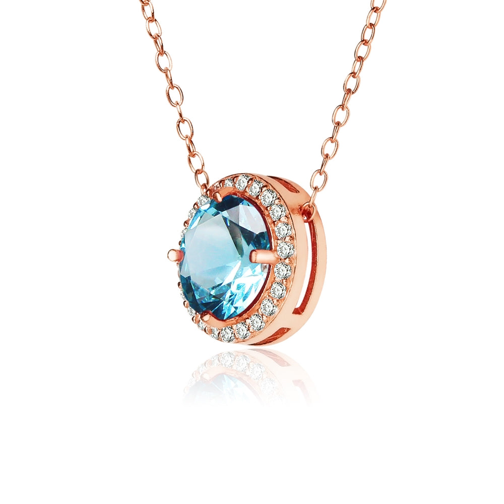 Rose Gold Flashed Sterling Silver Created Aquamarine and Cubic Zirconia Round Halo Necklace-2