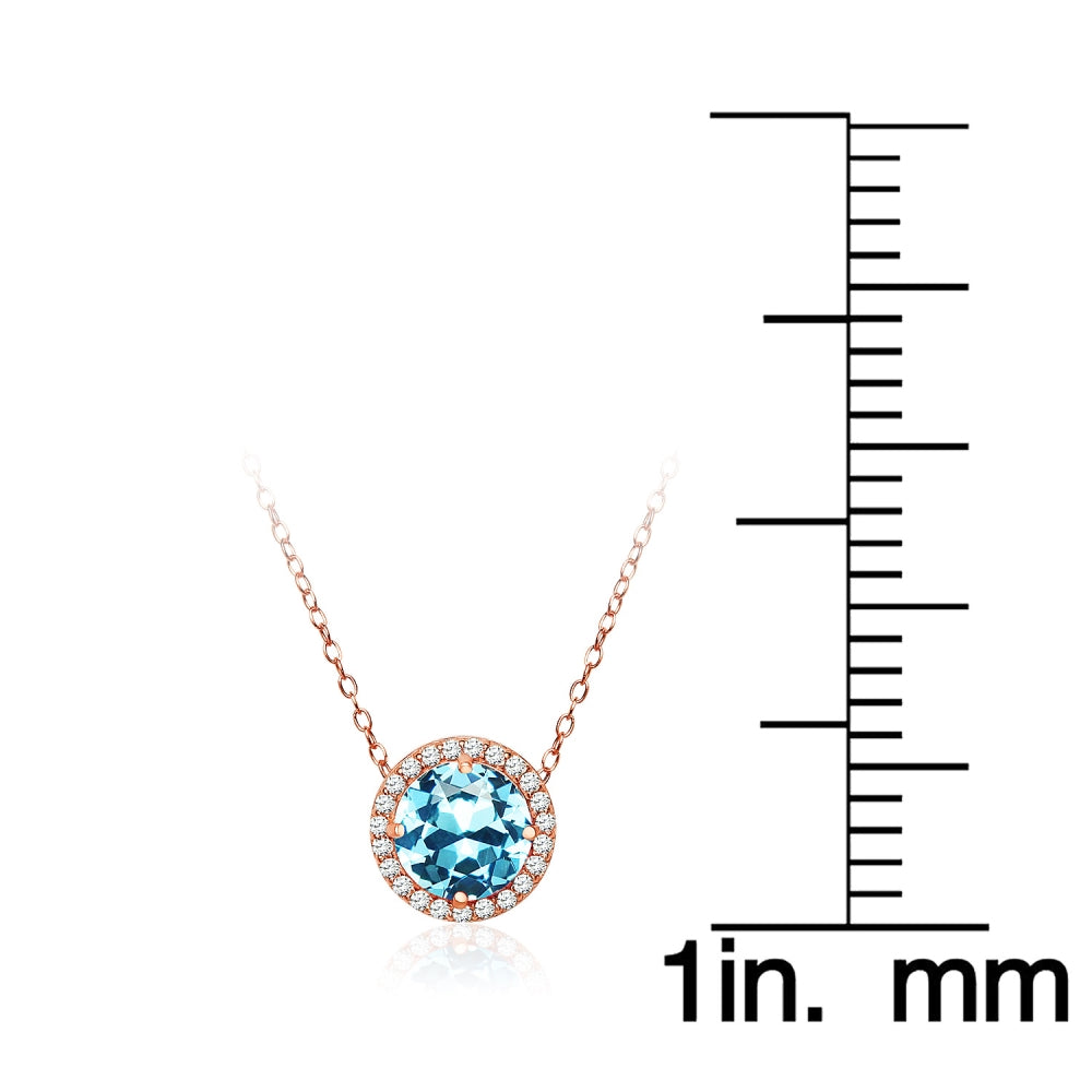 Rose Gold Flashed Sterling Silver Created Aquamarine and Cubic Zirconia Round Halo Necklace-4