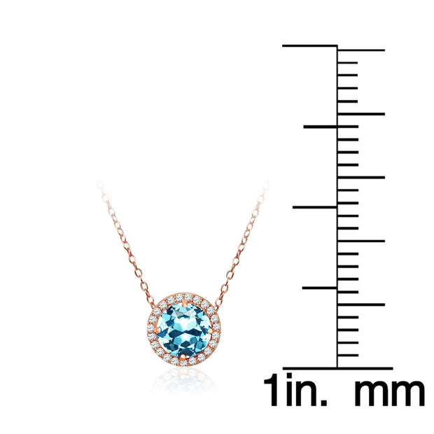 Rose Gold Flashed Sterling Silver Created Aquamarine and Cubic Zirconia Round Halo Necklace