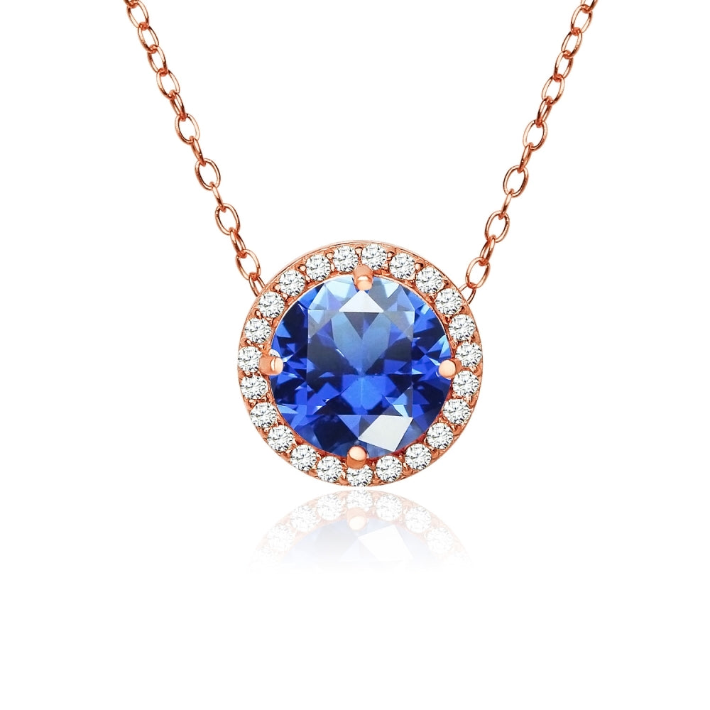 Rose Gold Flashed Sterling Silver Created Blue Sapphire and Cubic Zirconia Round Halo Necklace