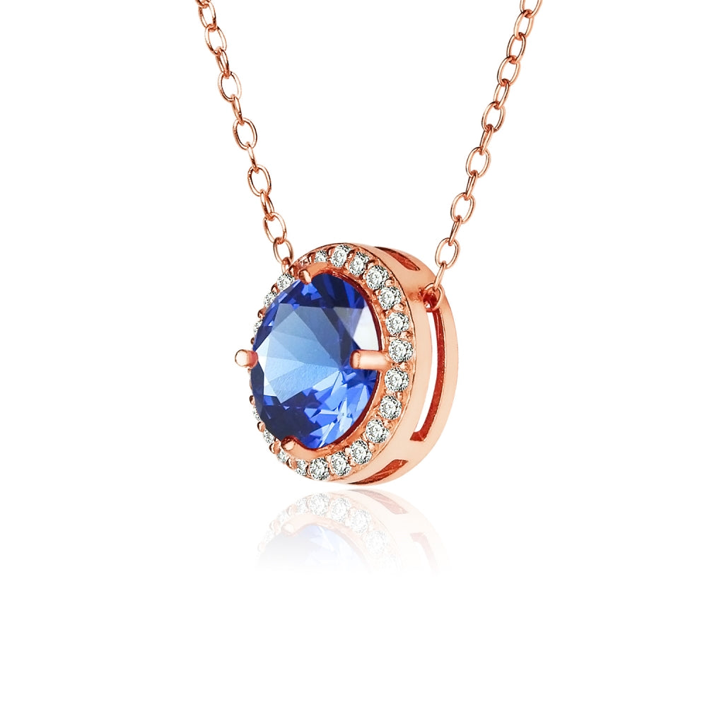 Rose Gold Flashed Sterling Silver Created Blue Sapphire and Cubic Zirconia Round Halo Necklace-2