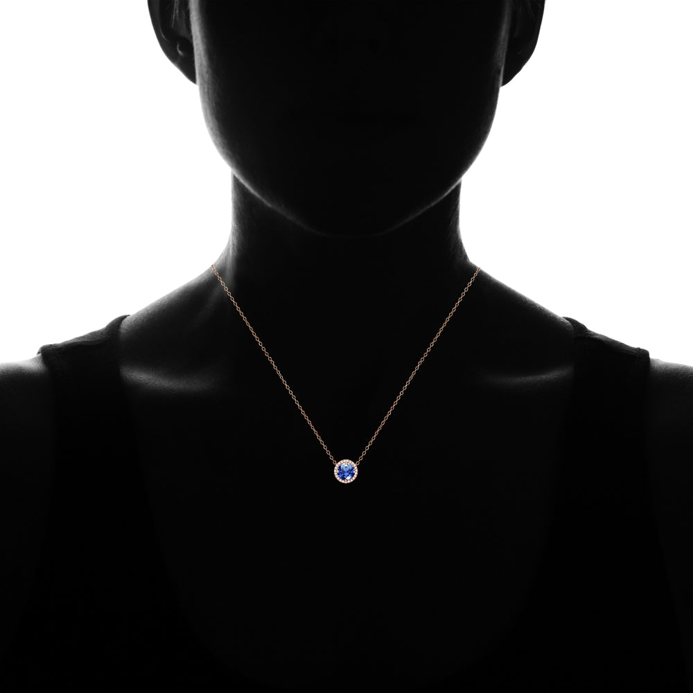 Rose Gold Flashed Sterling Silver Created Blue Sapphire and Cubic Zirconia Round Halo Necklace-3