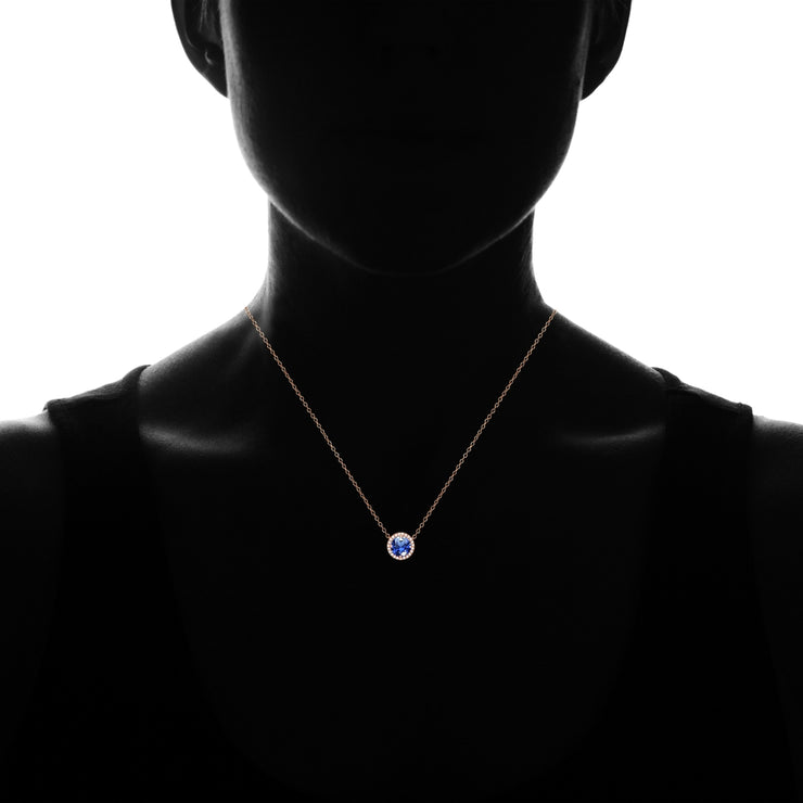 Rose Gold Flashed Sterling Silver Created Blue Sapphire and Cubic Zirconia Round Halo Necklace
