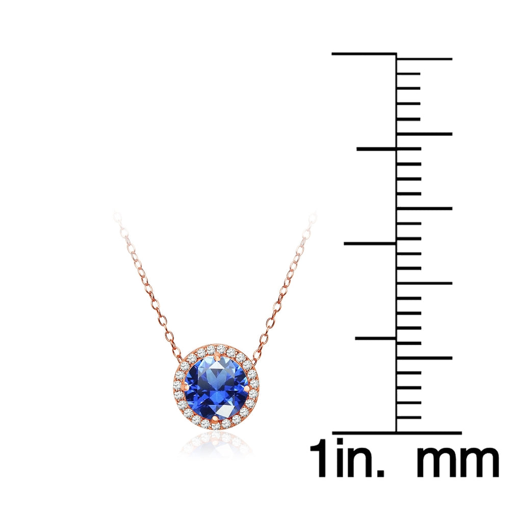 Rose Gold Flashed Sterling Silver Created Blue Sapphire and Cubic Zirconia Round Halo Necklace-4