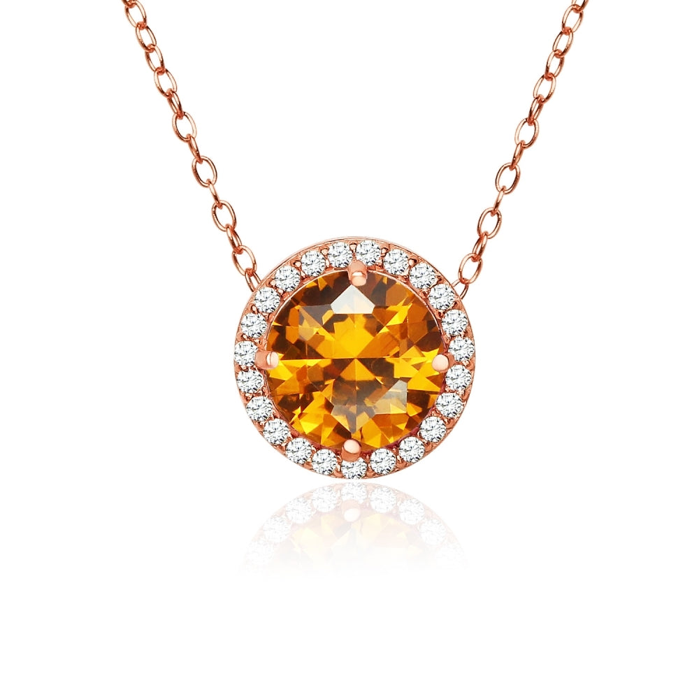 Rose Gold Flashed Sterling Silver Created Citrine and Cubic Zirconia Round Halo Necklace