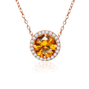 Rose Gold Flashed Sterling Silver Created Citrine and Cubic Zirconia Round Halo Necklace