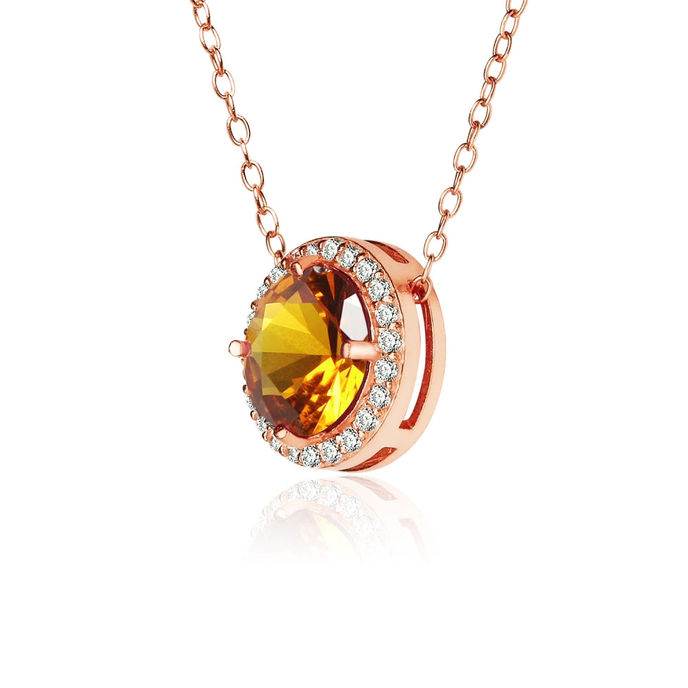 Rose Gold Flashed Sterling Silver Created Citrine and Cubic Zirconia Round Halo Necklace-2