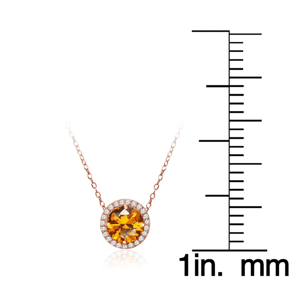 Rose Gold Flashed Sterling Silver Created Citrine and Cubic Zirconia Round Halo Necklace-4