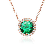 Rose Gold Flashed Sterling Silver Created Emerald and Cubic Zirconia Round Halo Necklace
