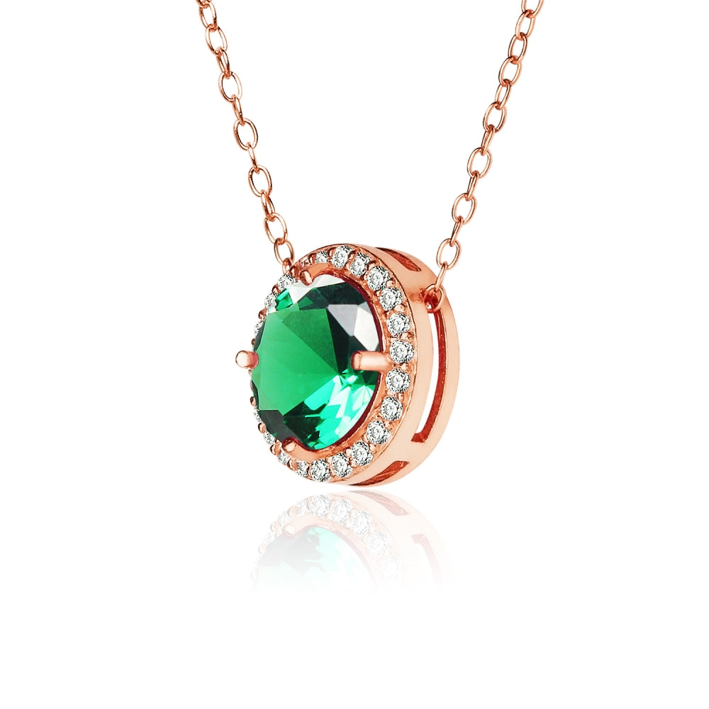 Rose Gold Flashed Sterling Silver Created Emerald and Cubic Zirconia Round Halo Necklace-2