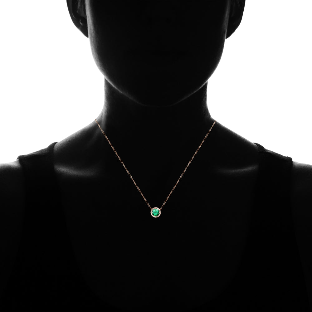 Rose Gold Flashed Sterling Silver Created Emerald and Cubic Zirconia Round Halo Necklace-3