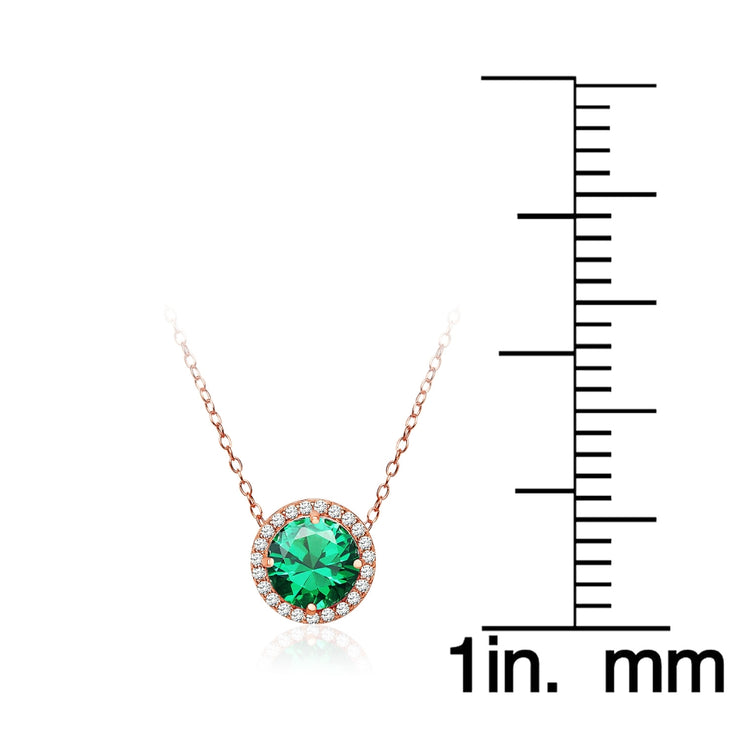 Rose Gold Flashed Sterling Silver Created Emerald and Cubic Zirconia Round Halo Necklace