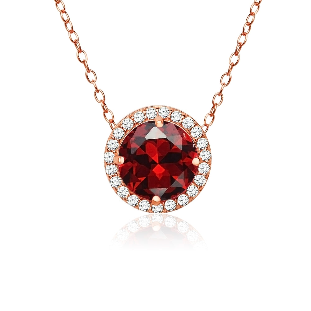 Rose Gold Flashed Sterling Silver Created Garnet and Cubic Zirconia Round Halo Necklace