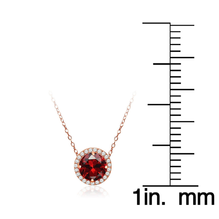 Rose Gold Flashed Sterling Silver Created Garnet and Cubic Zirconia Round Halo Necklace