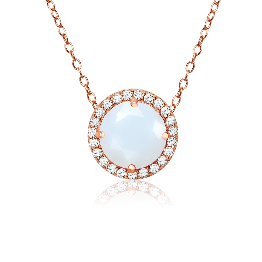 Rose Gold Flashed Sterling Silver Created White Opal and Cubic Zirconia Round Halo Necklace