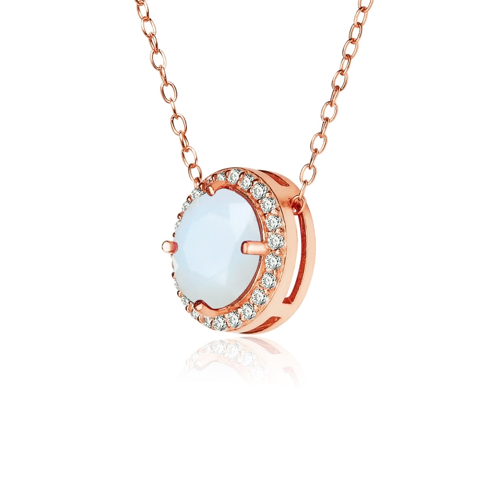 Rose Gold Flashed Sterling Silver Created White Opal and Cubic Zirconia Round Halo Necklace-2