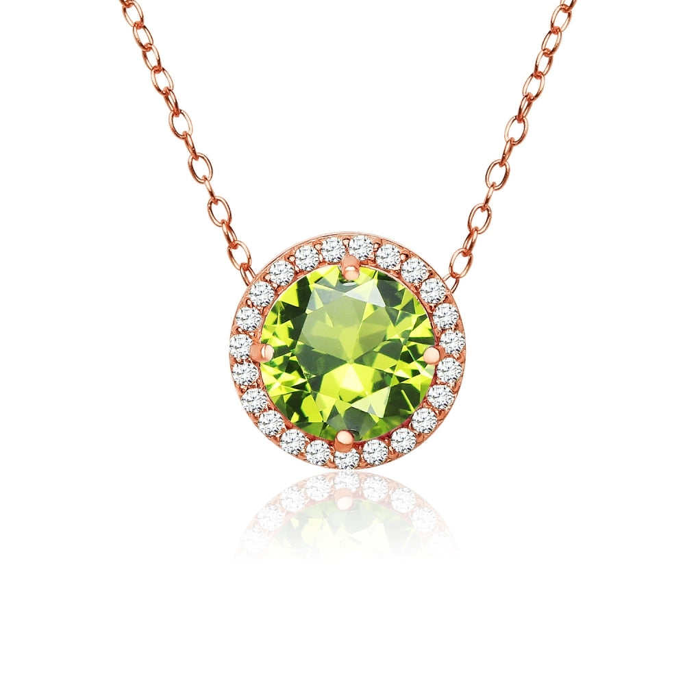Rose Gold Flashed Sterling Silver Created Peridot and Cubic Zirconia Round Halo Necklace