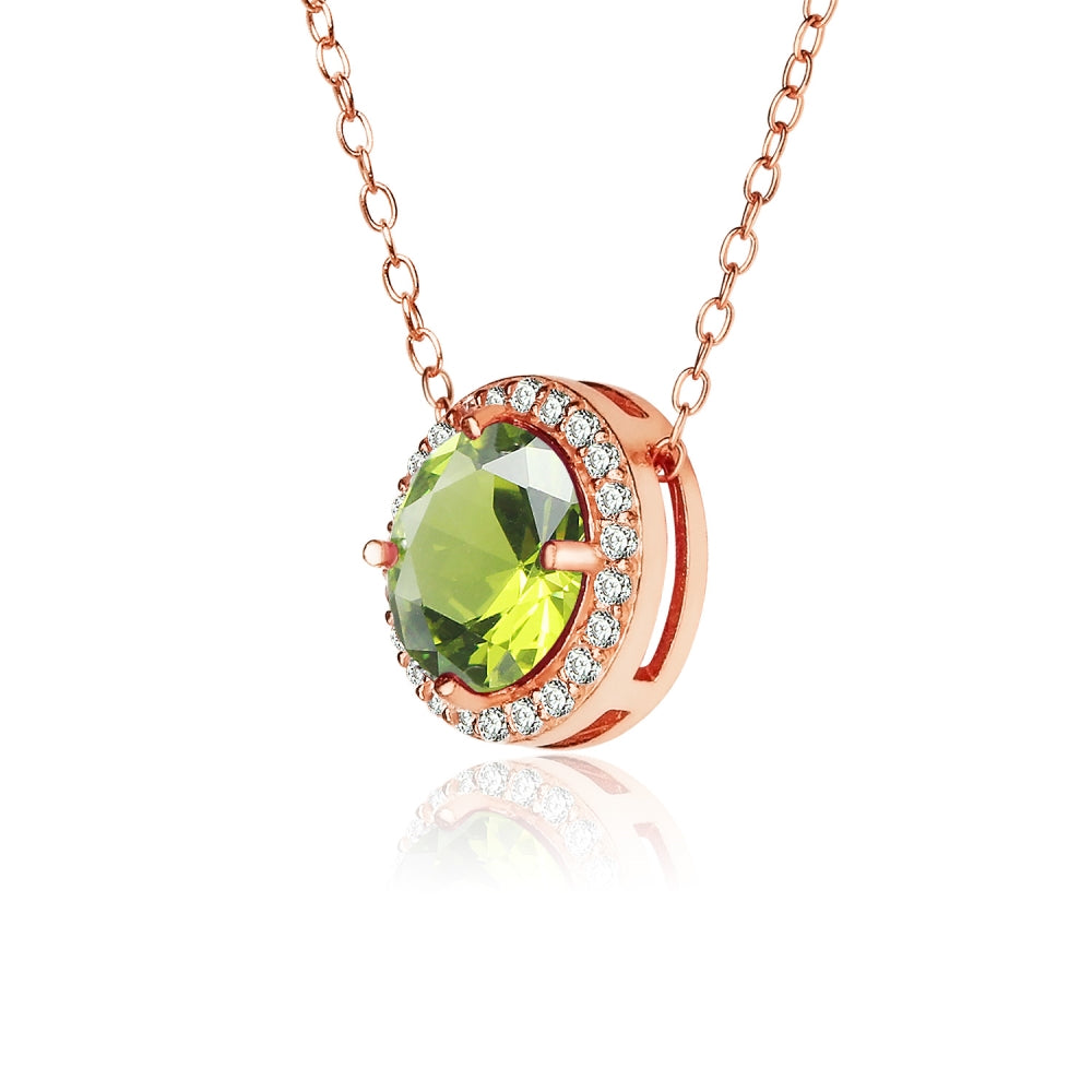 Rose Gold Flashed Sterling Silver Created Peridot and Cubic Zirconia Round Halo Necklace-2