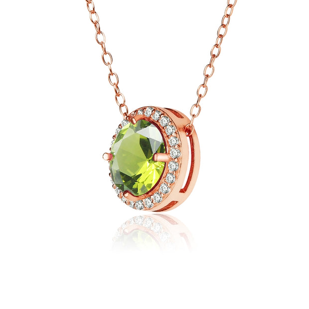 Rose Gold Flashed Sterling Silver Created Peridot and Cubic Zirconia Round Halo Necklace