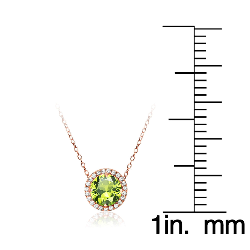 Rose Gold Flashed Sterling Silver Created Peridot and Cubic Zirconia Round Halo Necklace-4