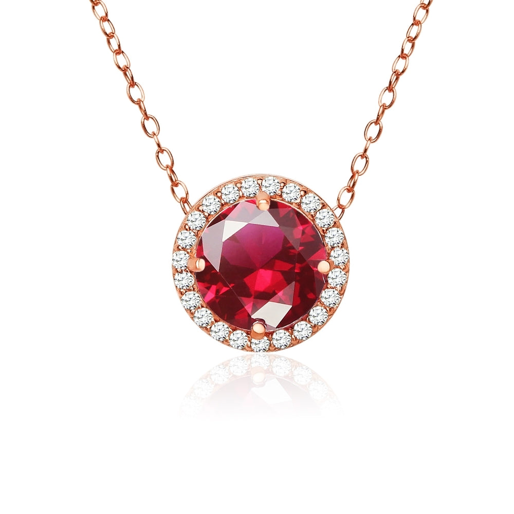 Rose Gold Flashed Sterling Silver Created Ruby and Cubic Zirconia Round Halo Necklace