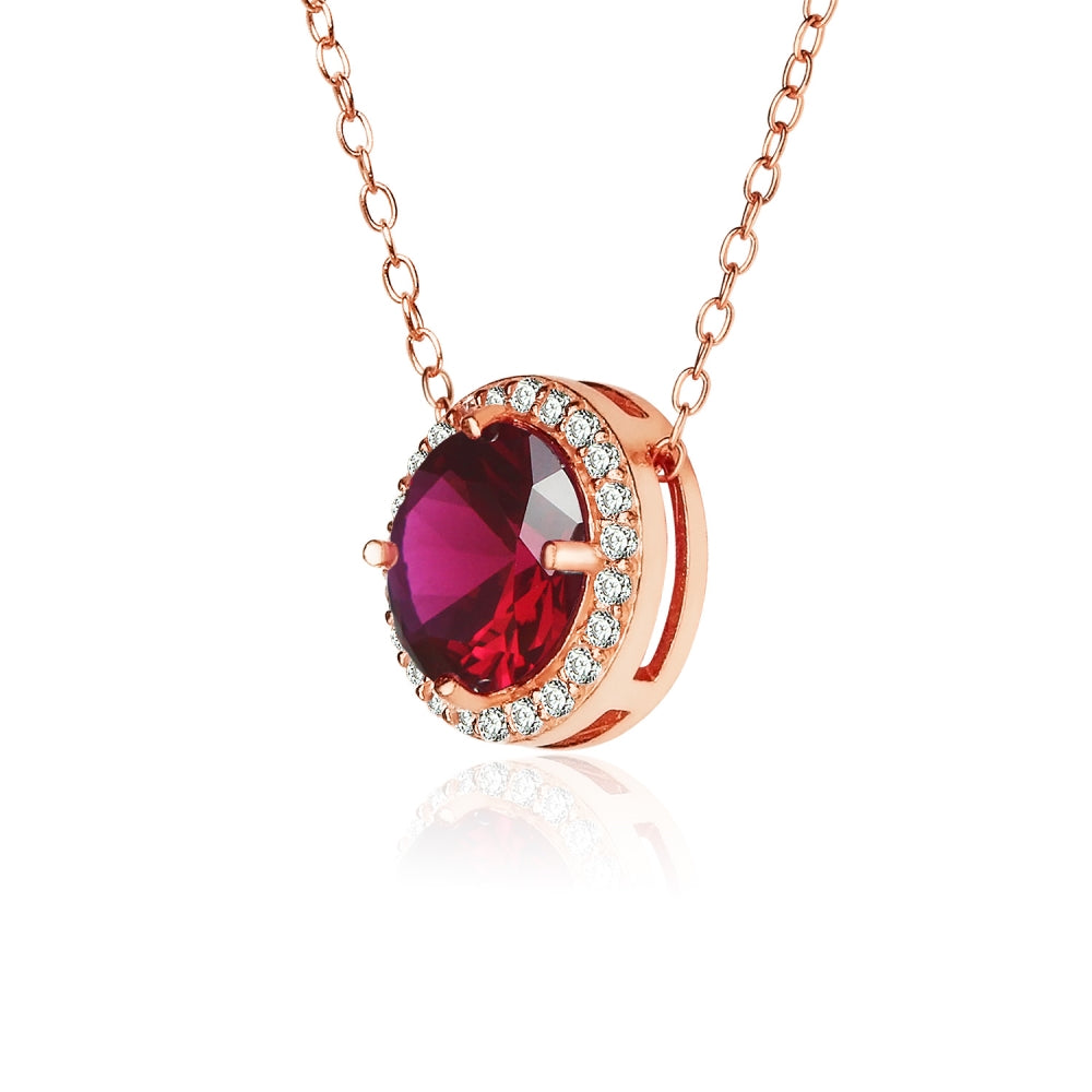 Rose Gold Flashed Sterling Silver Created Ruby and Cubic Zirconia Round Halo Necklace-2
