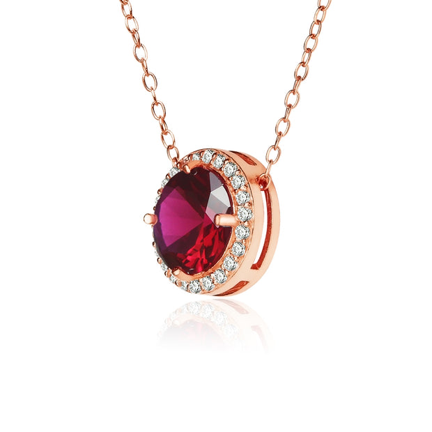 Rose Gold Flashed Sterling Silver Created Ruby and Cubic Zirconia Round Halo Necklace