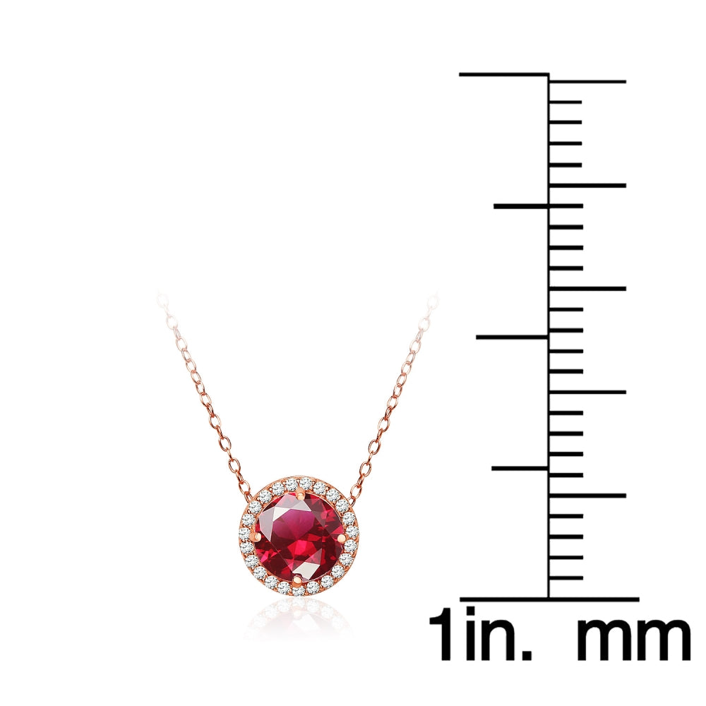 Rose Gold Flashed Sterling Silver Created Ruby and Cubic Zirconia Round Halo Necklace-4