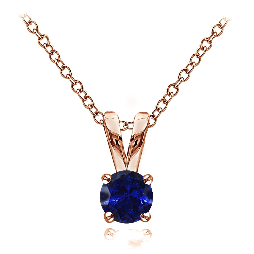 Rose Gold Flashed Sterling Silver Created Blue Sapphire 5mm Round Solitaire Necklace