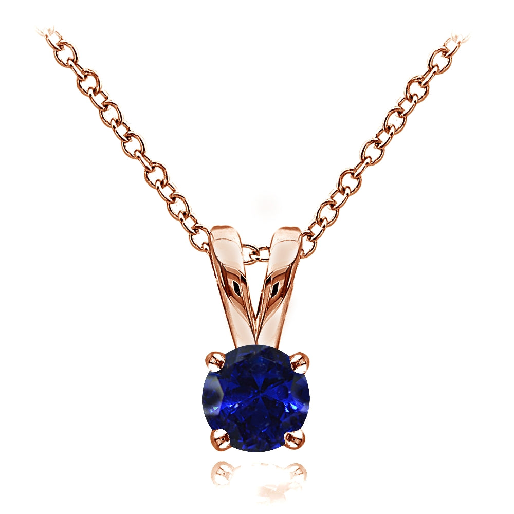Rose Gold Flashed Sterling Silver Created Blue Sapphire 5mm Round Solitaire Necklace-2