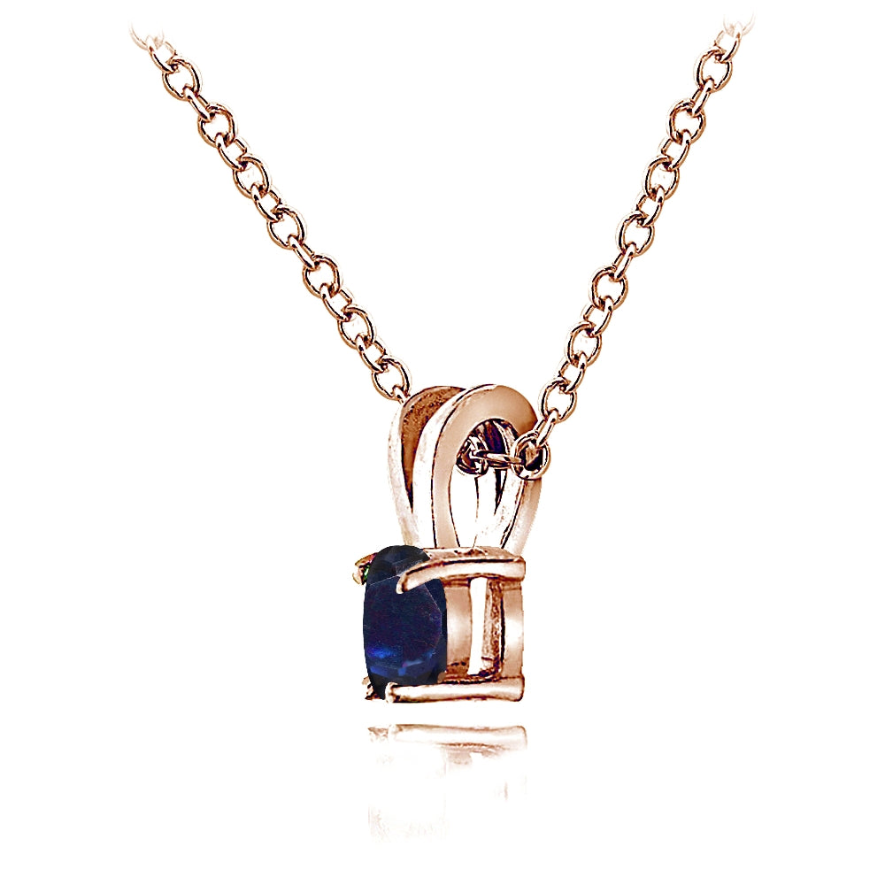 Rose Gold Flashed Sterling Silver Created Blue Sapphire 5mm Round Solitaire Necklace-4