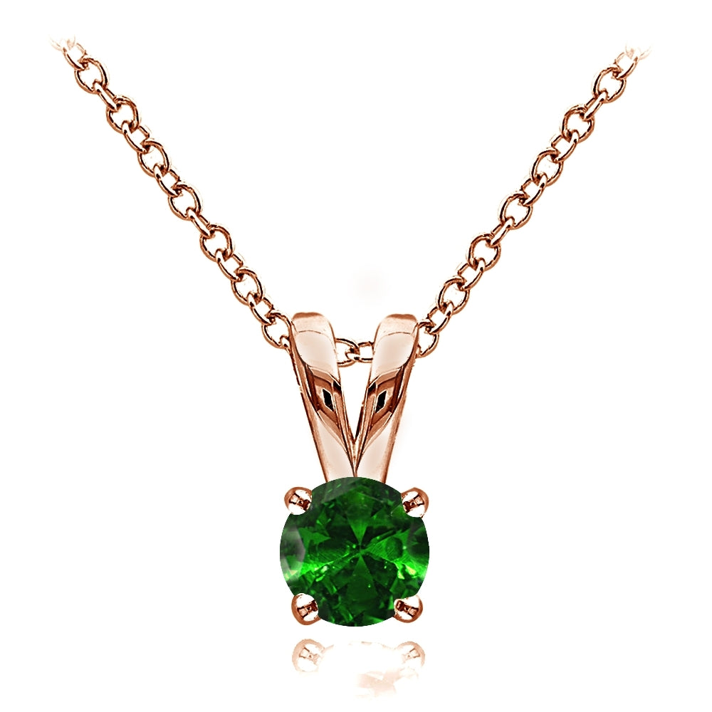Rose Gold Flashed Sterling Silver Simulated Emerald 5mm Round Solitaire Necklace