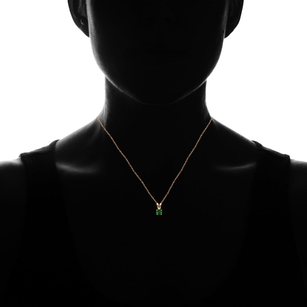 Rose Gold Flashed Sterling Silver Simulated Emerald 5mm Round Solitaire Necklace-2