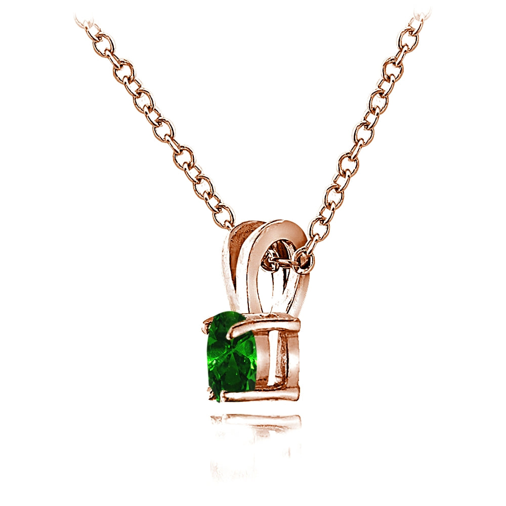 Rose Gold Flashed Sterling Silver Simulated Emerald 5mm Round Solitaire Necklace-3