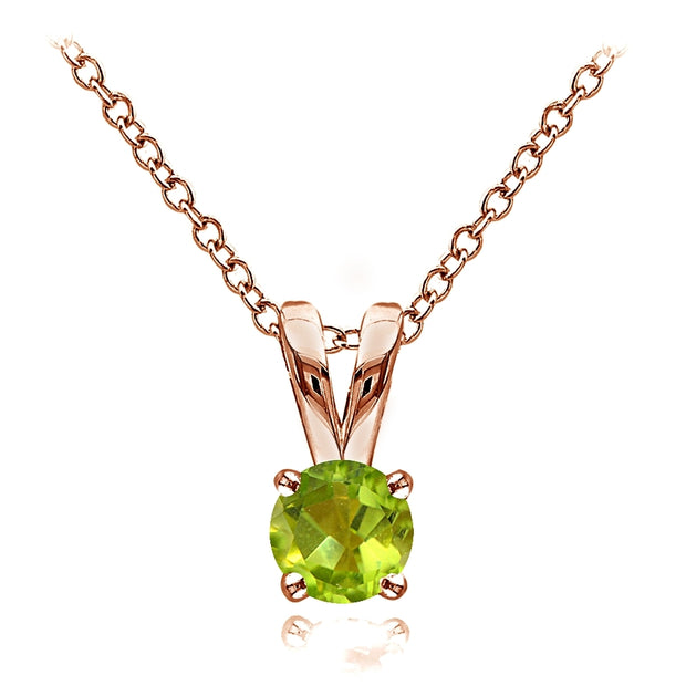 Rose Gold Flashed Sterling Silver Peridot 5mm Round Solitaire Necklace